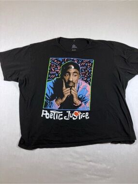 Justice Black Graphic Tee with Colorful Tupac Portrait